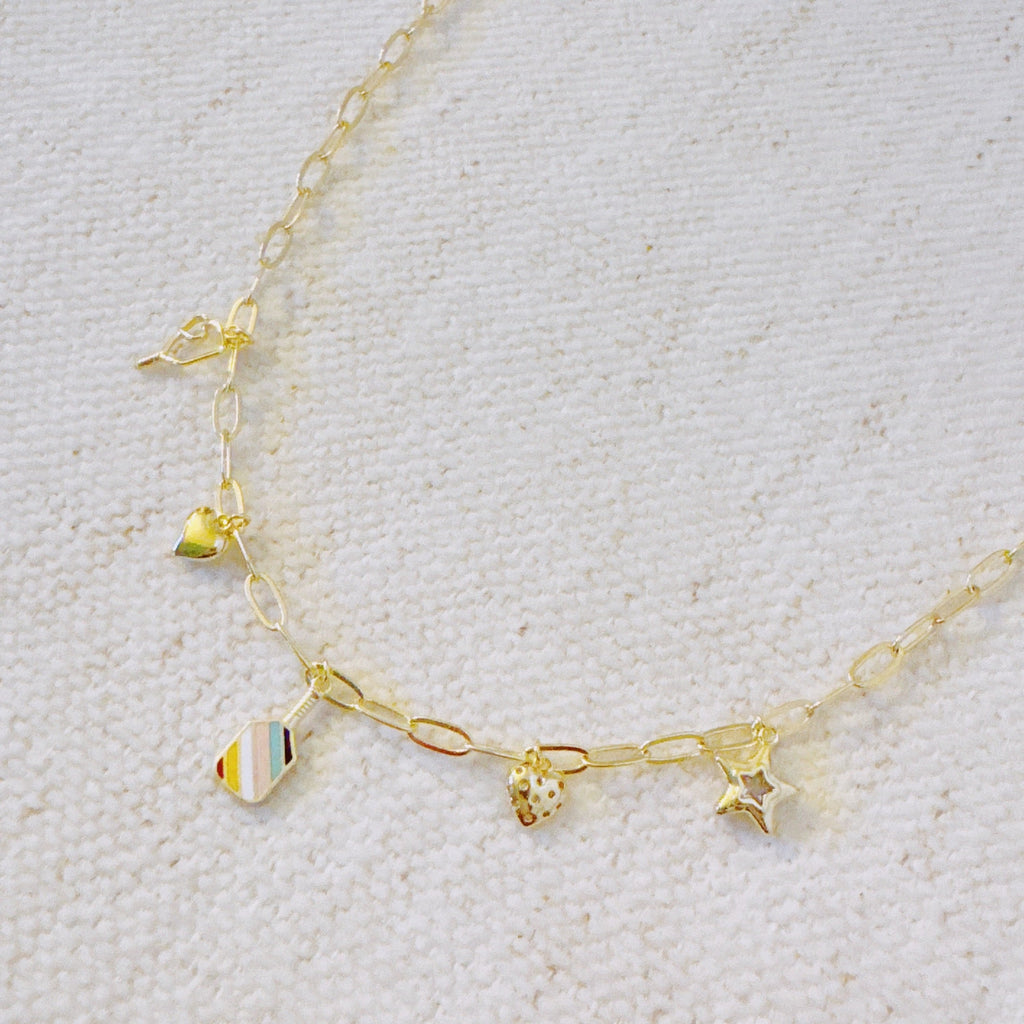 Pickleball Play Charm Necklace – Gold Chain with Playful Pickleball-Inspired Charms