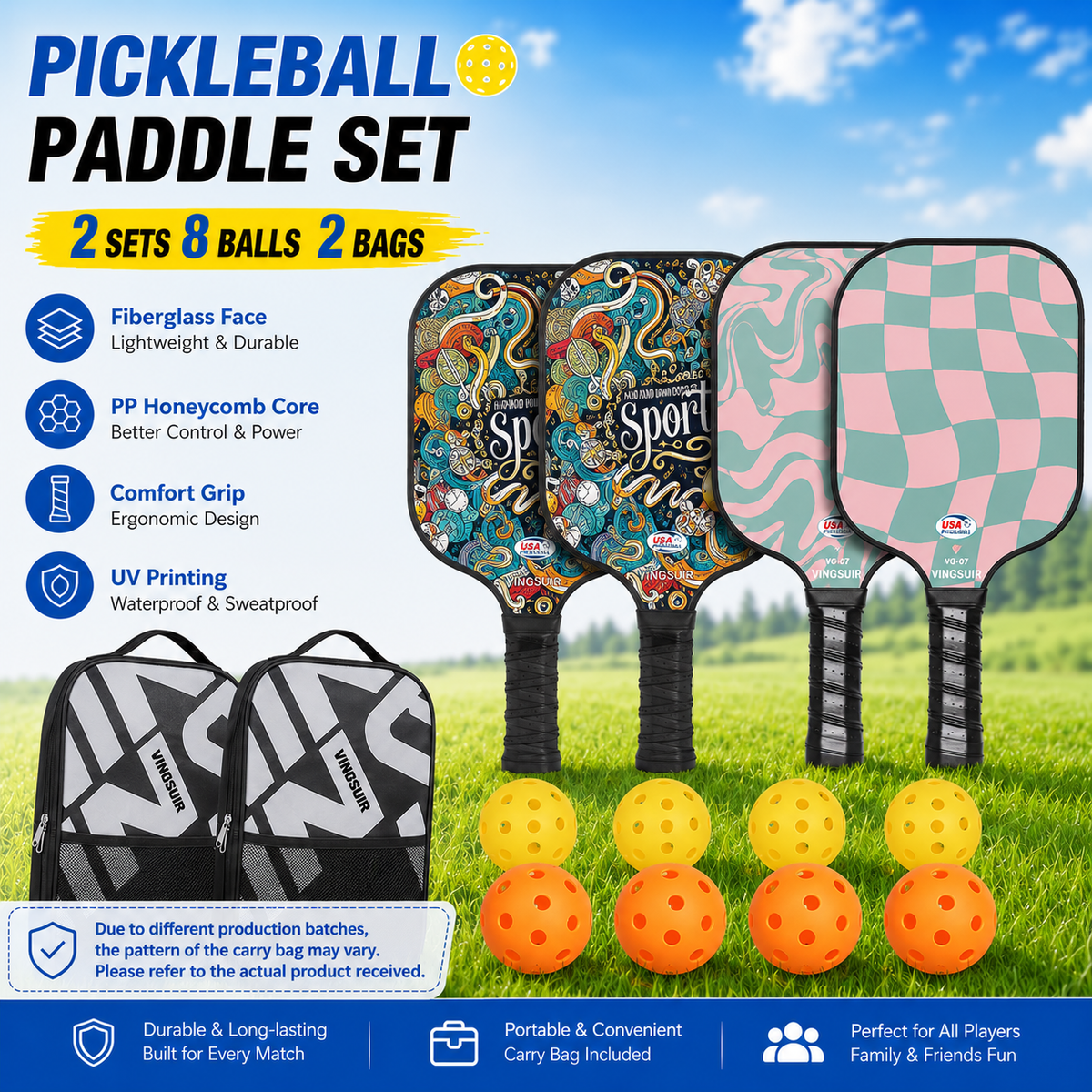 Paddle Up Family Pickleball Paddle Set – 4 Paddles, 8 Balls & 2 Bags