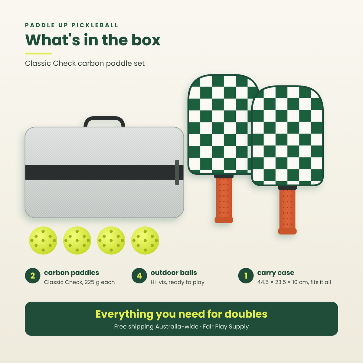 What's in the box: 2 Classic Check carbon paddles, 4 outdoor balls and a carry case