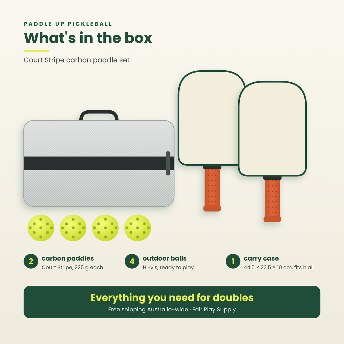 What's in the box: 2 Court Stripe carbon paddles, 4 outdoor balls and a carry case