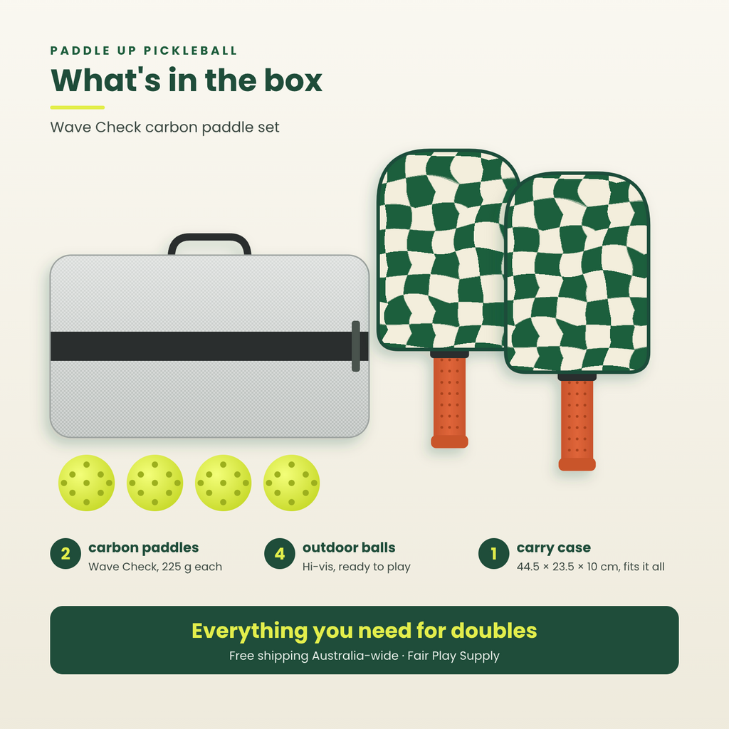 What's in the box: 2 Wave Check carbon paddles, 4 outdoor balls and a carry case